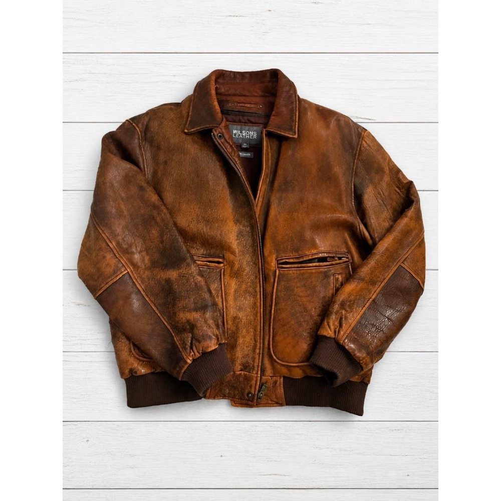 Wilsons Leather Vintage Bomber Aviator Jacket Brown XL Thinsulate Liner